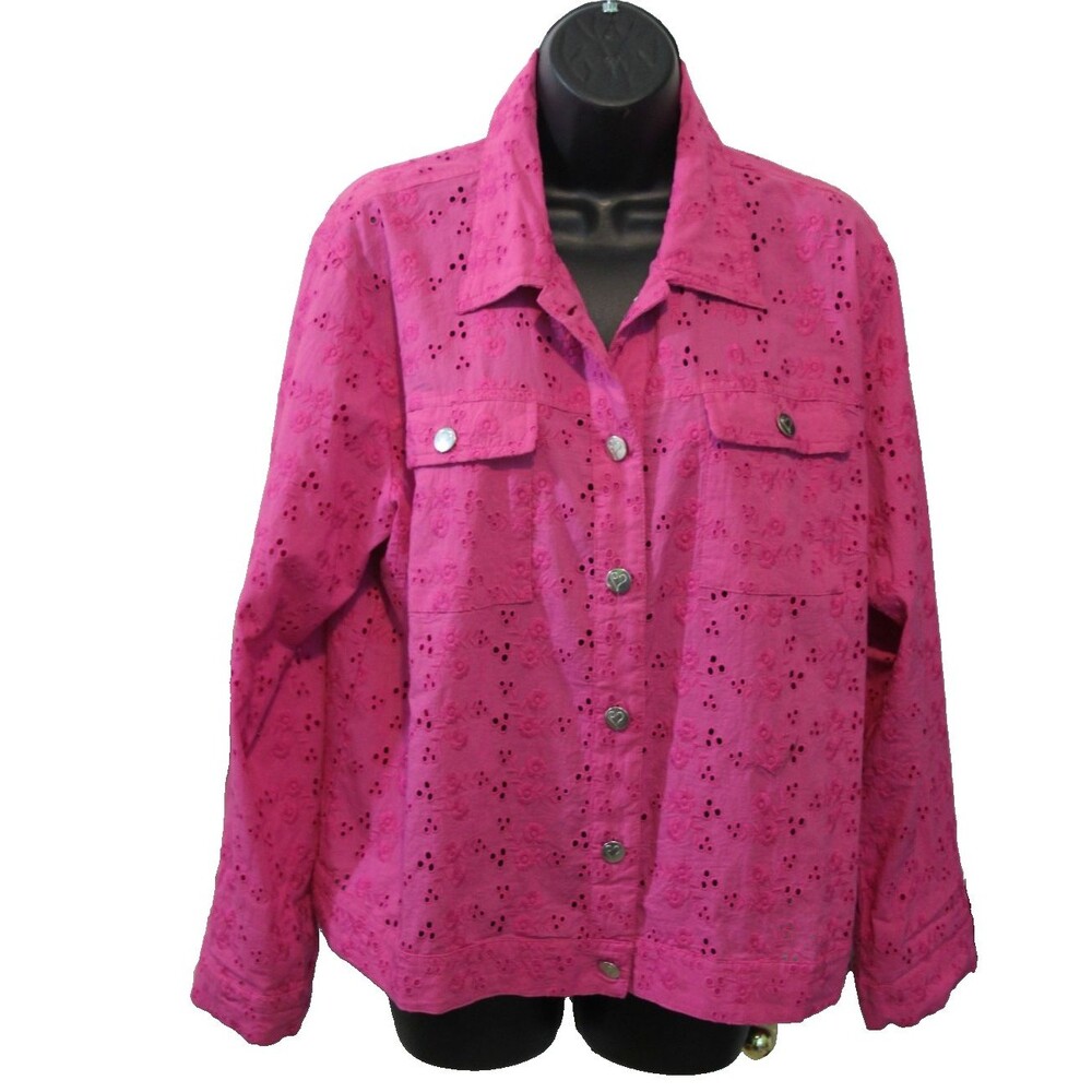 Colleen Lopez Cotton Eyelet Button Up Jacket Pink Fuchsia Women Lightweight Lg - Picture 10 of 10